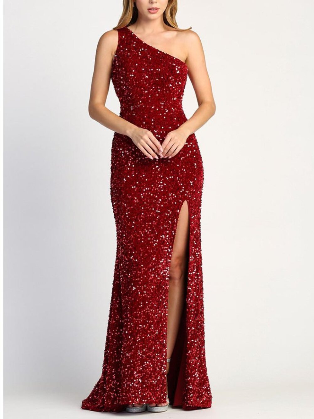 Red Sequin One Shoulder Side Slit Formal Prom Evening Dress 8